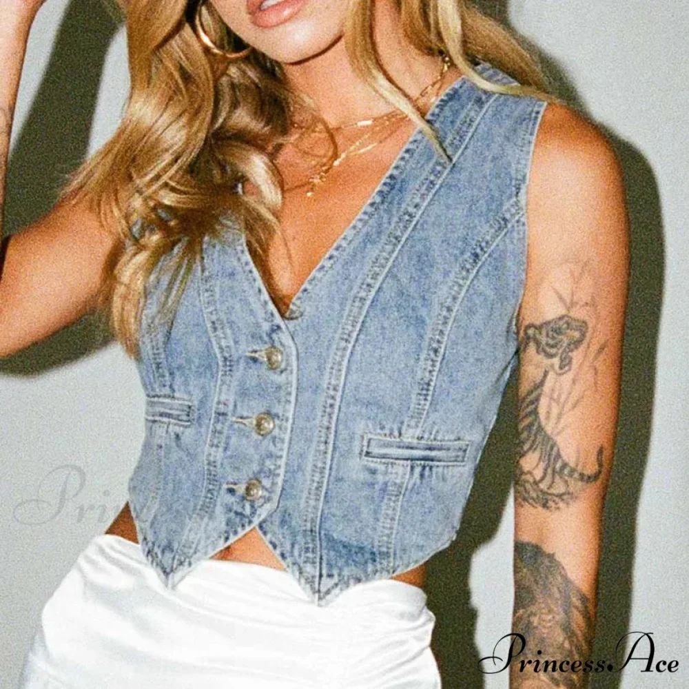 Blue Button Stylish Crop Top - Image 2