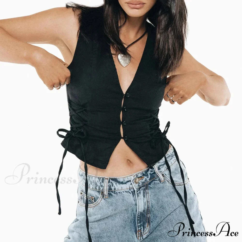 Blue Button V-Neck Cropped Top - Image 2