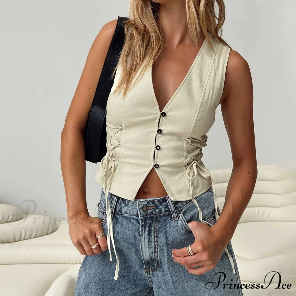 Blue Button V-Neck Cropped Top - Image 3