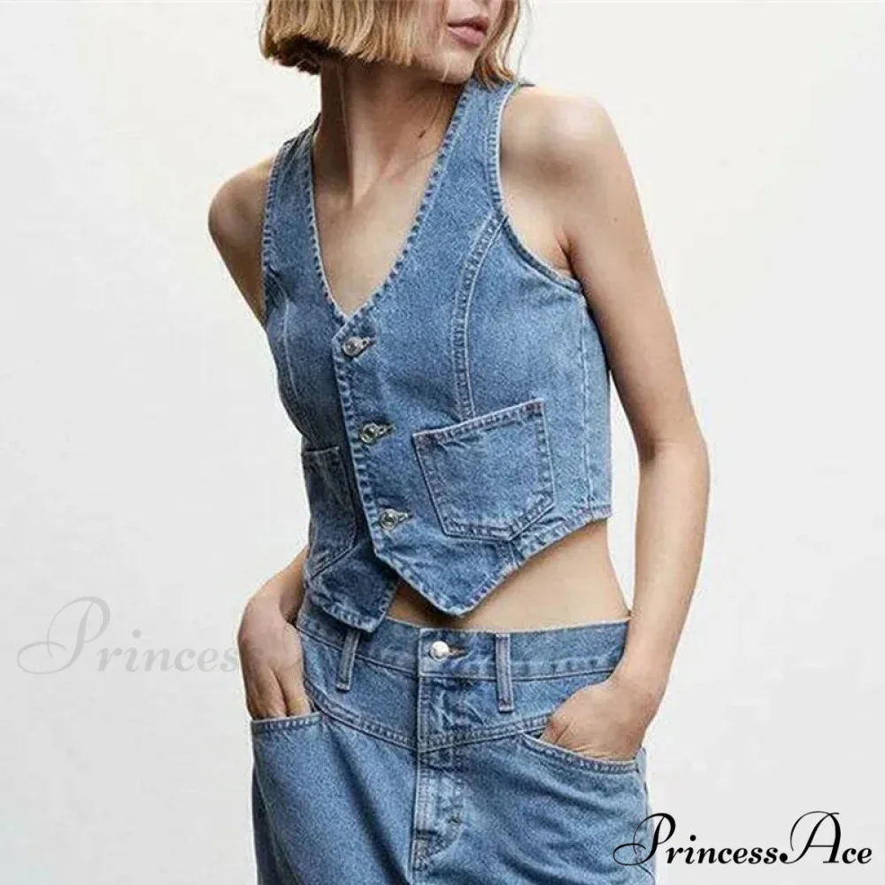 Blue Button V-Neck Cropped Top - Image 2