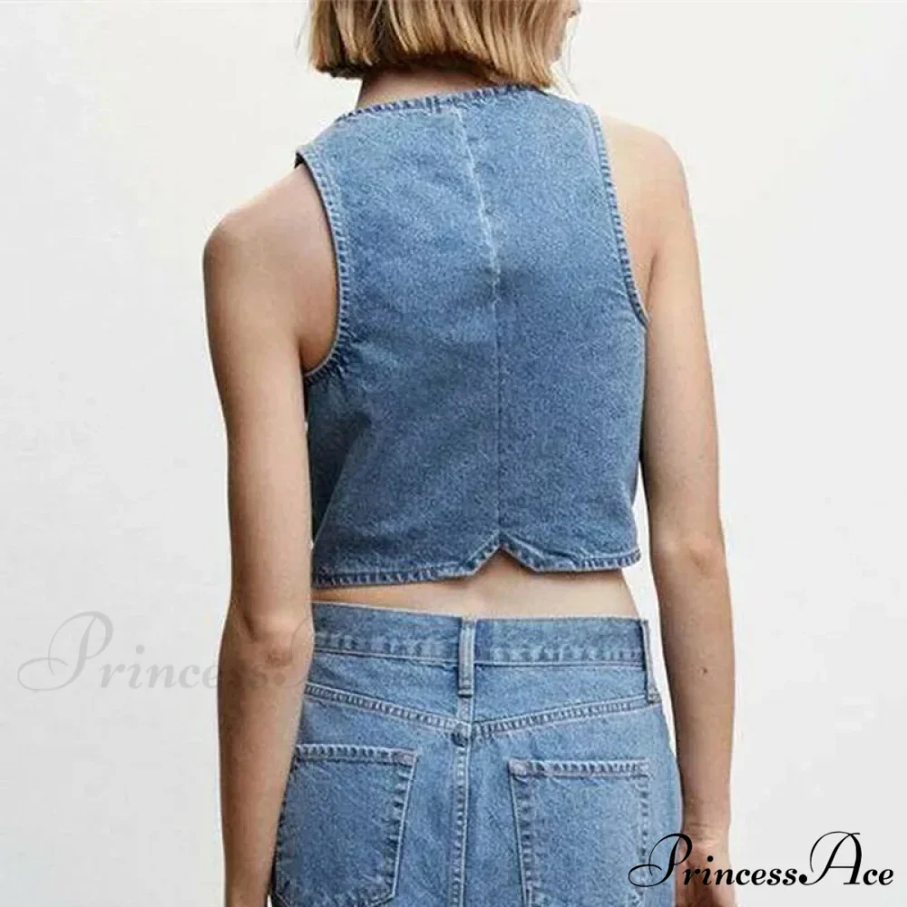 Blue Button V-Neck Cropped Top - Image 4