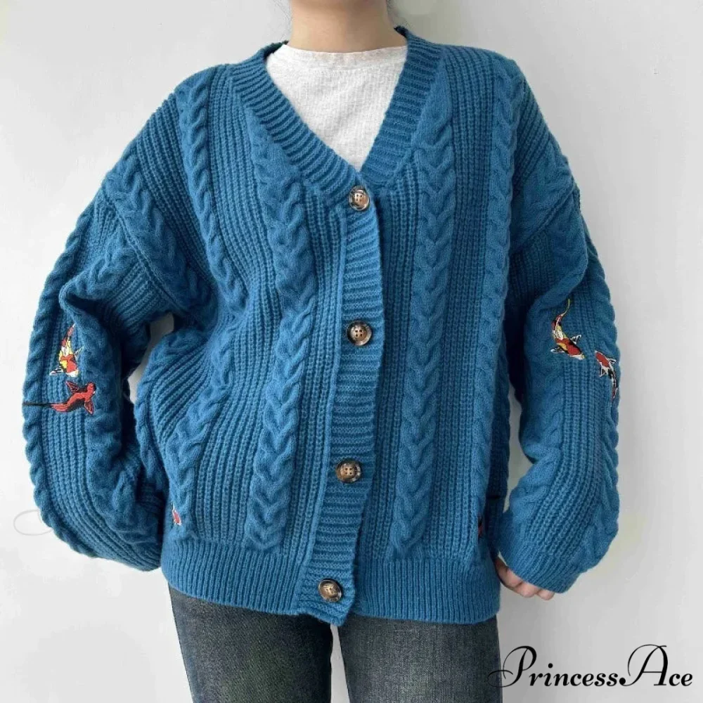 Blue Carp V-neck Decorated Cardigan - Image 2