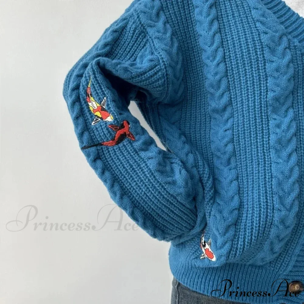 Blue Carp V-neck Decorated Cardigan - Image 3