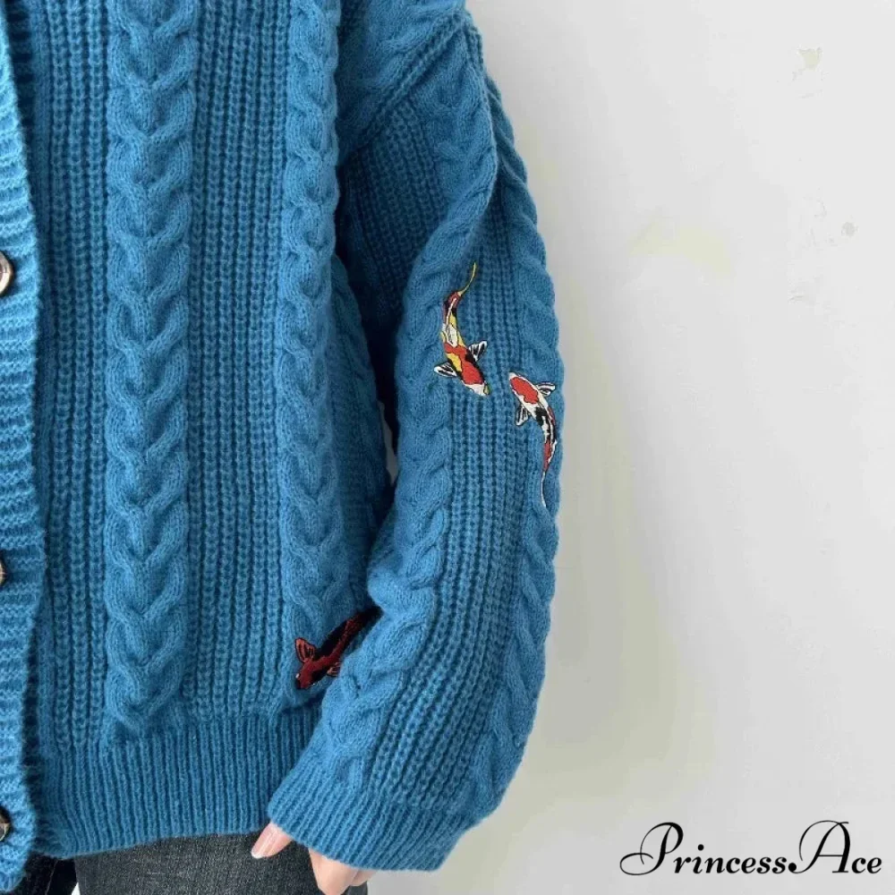 Blue Carp V-neck Decorated Cardigan - Image 4