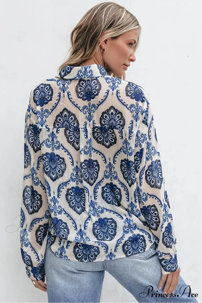 Blue Flowered Printed Extended Sleeve V-Neck Bohemian Top - Image 2