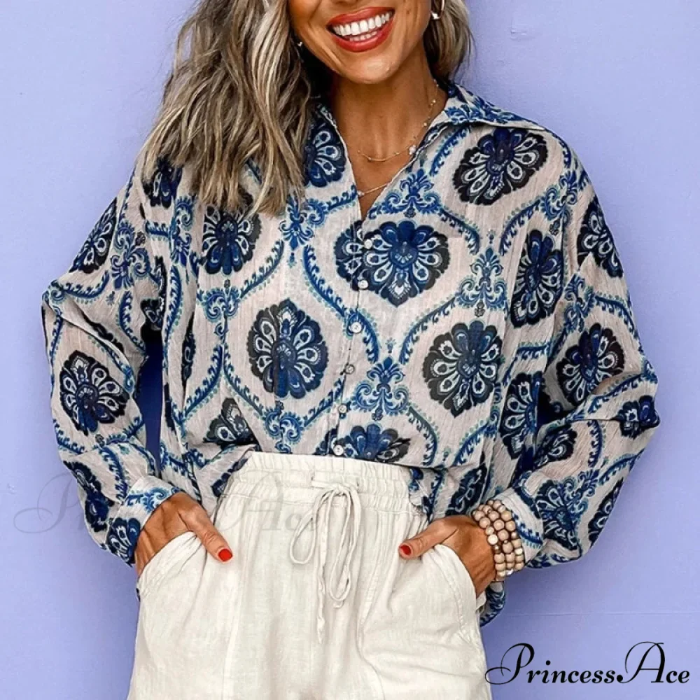 Blue Flowered Printed Extended Sleeve V-Neck Bohemian Top - Image 4