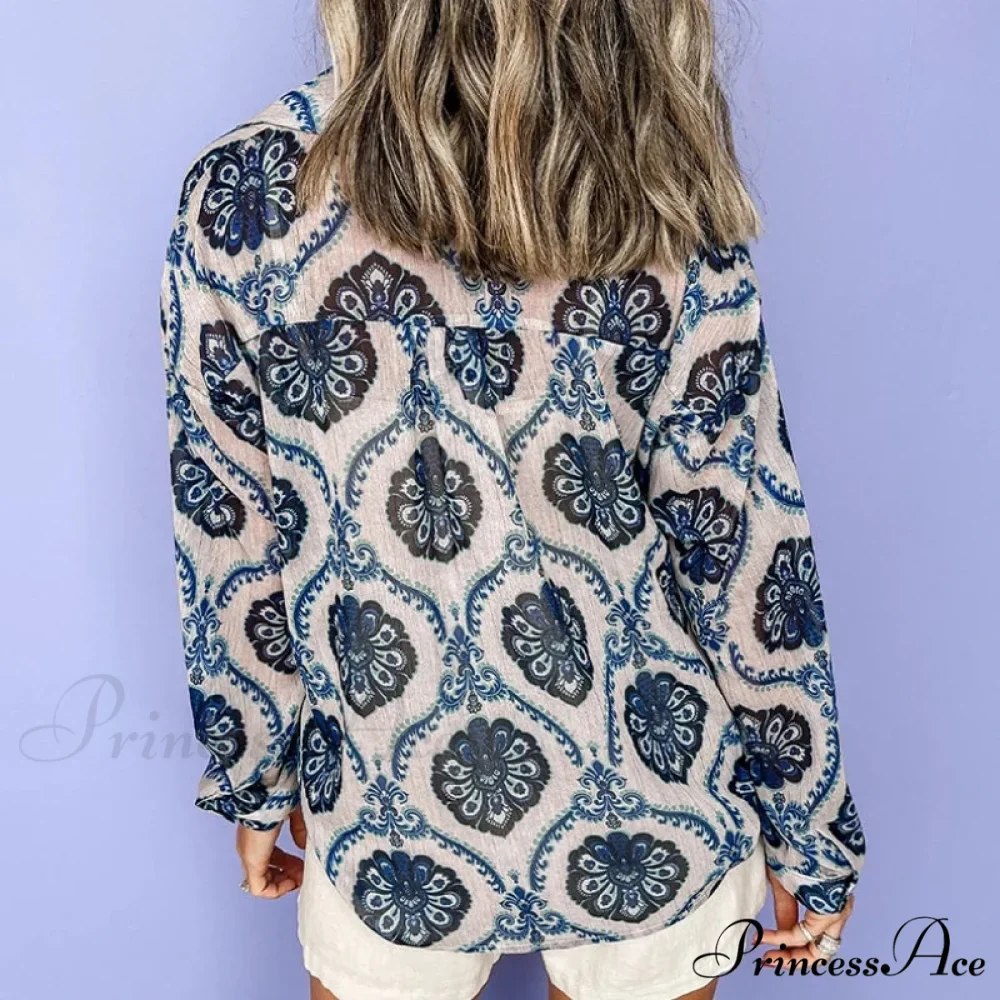 Blue Flowered Printed Extended Sleeve V-Neck Bohemian Top - Image 5