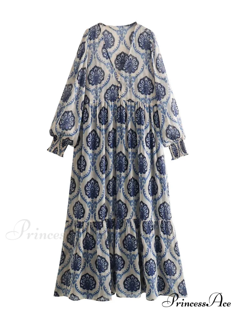 Blue Flowered Printed Extended Sleeve V-Neck Bohemian Top - Image 7