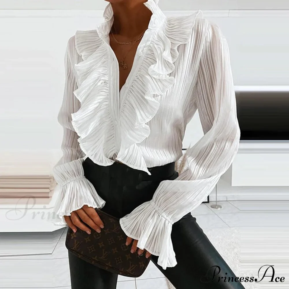 Blue Frilled Plunging Neckline Pleated Top - Image 3