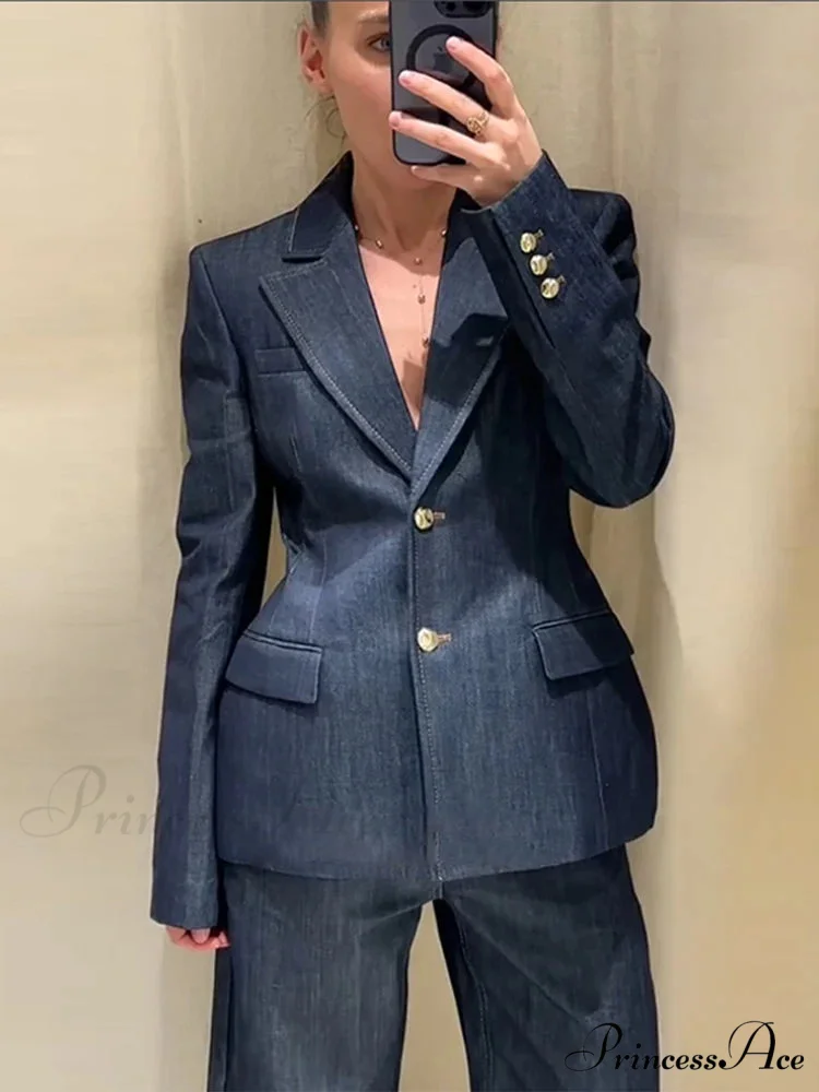 Blue Jacket Tall Waist Jeans Workplace Two Piece Set - Image 2