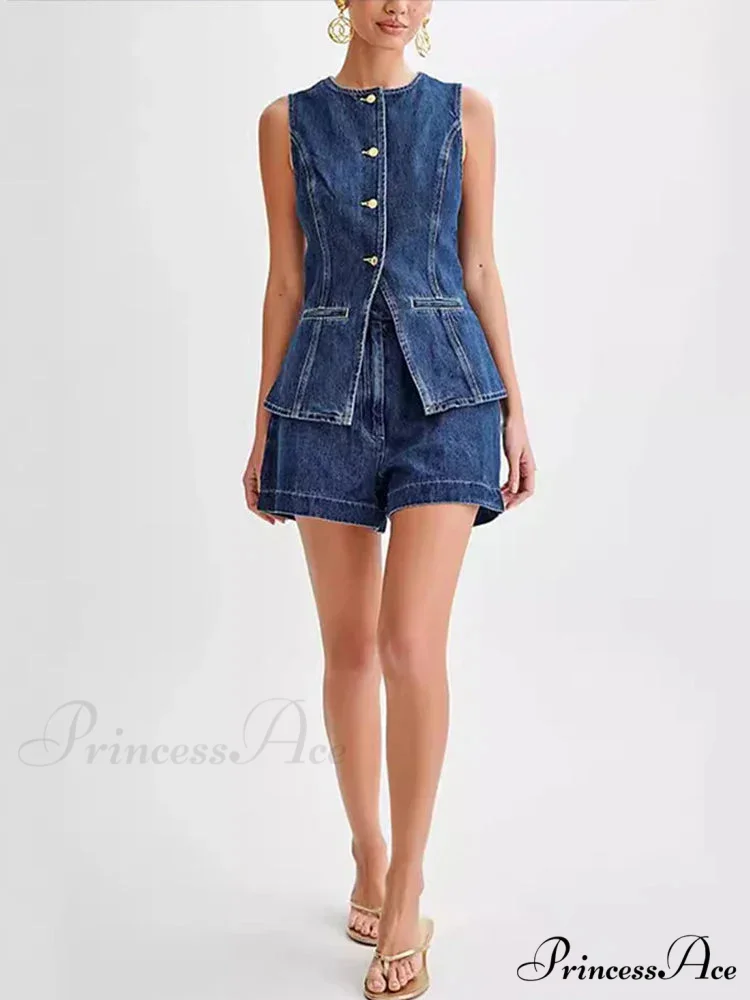 Blue Round-neck Sleeveless Shorts Workplace Two Piece Set - Image 2