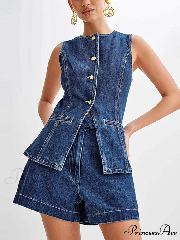Blue Round-neck Sleeveless Shorts Workplace Two Piece Set - Image 3