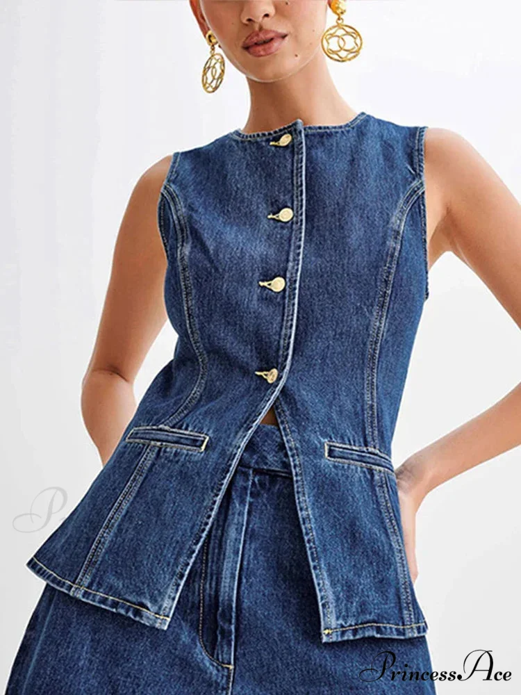 Blue Round-neck Sleeveless Shorts Workplace Two Piece Set - Image 7