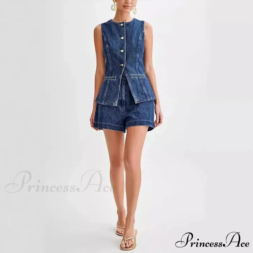 Blue Round-neck Sleeveless Shorts Workplace Two Piece Set - Image 9