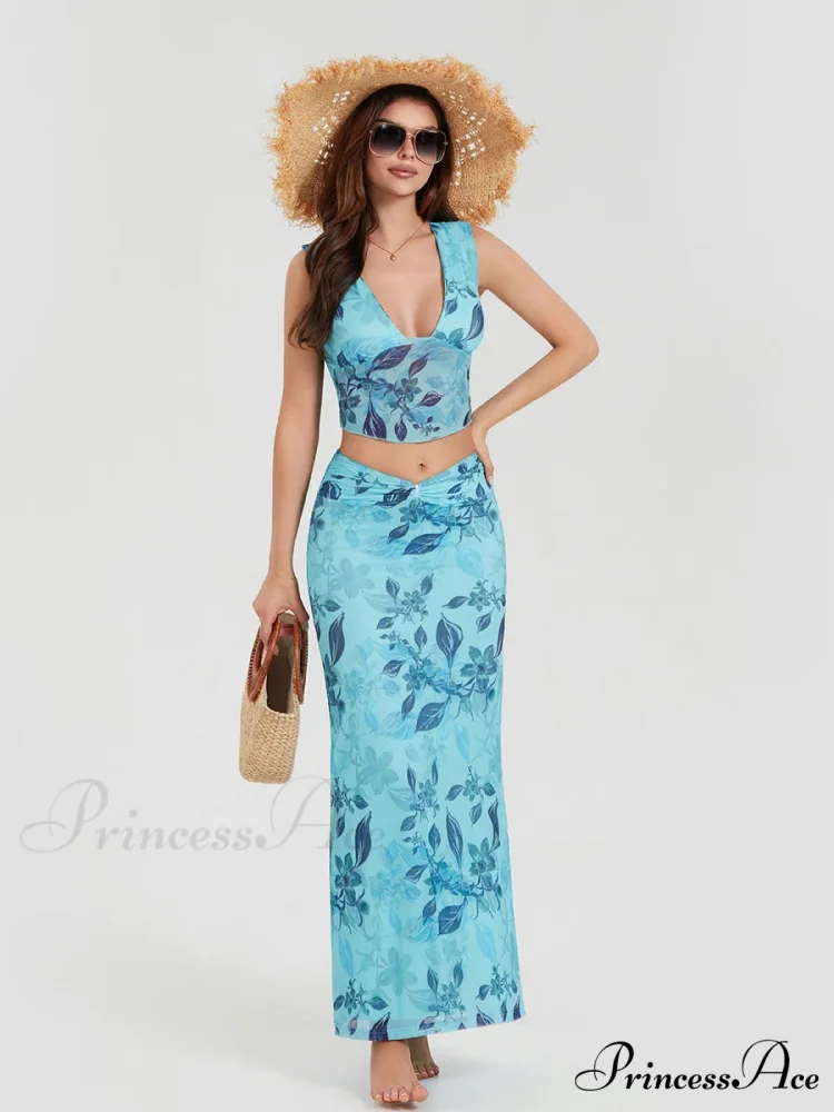 Bohemian Azure Floral Back Bandage Crop Tank Wrap Lengthy Floral Dress - Image 3