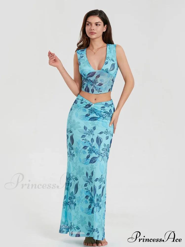 Bohemian Azure Floral Back Bandage Crop Tank Wrap Lengthy Floral Dress - Image 4