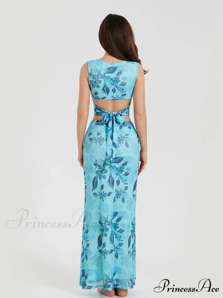 Bohemian Azure Floral Back Bandage Crop Tank Wrap Lengthy Floral Dress - Image 5
