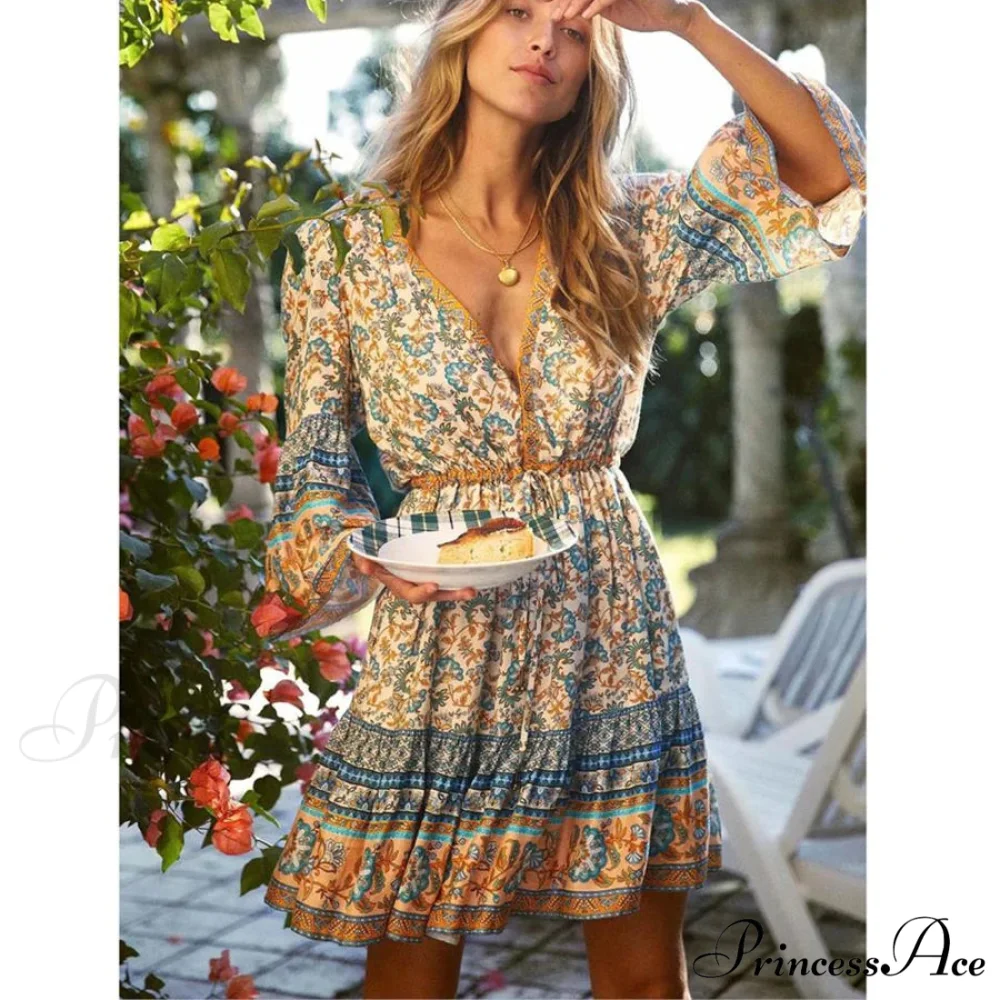 Bohemian Crimson Floral Print Mini Dress V-neck Brief Summer Dress - Image 4