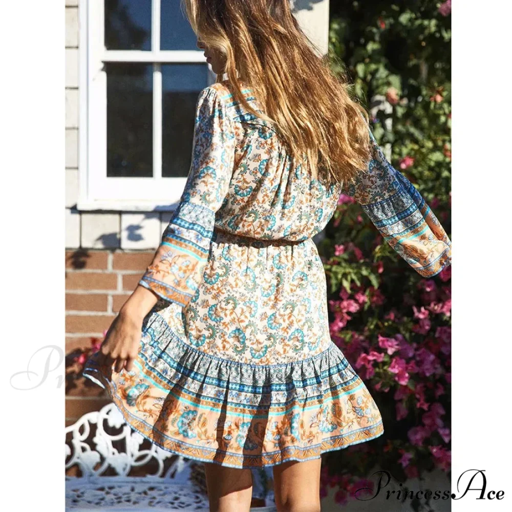 Bohemian Crimson Floral Print Mini Dress V-neck Brief Summer Dress - Image 5