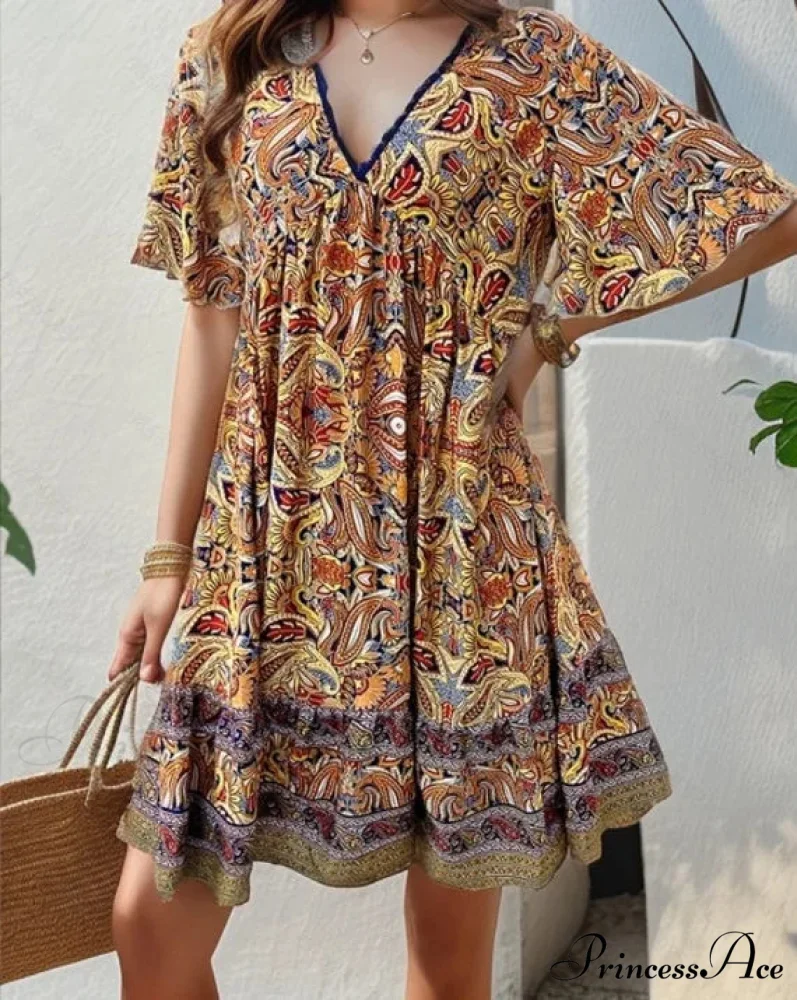 Bohemian Floral Mini Plunging Neckline Short Sleeve Beach Floral Dress - Image 10