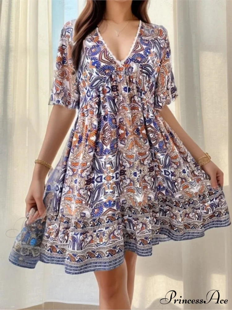 Bohemian Floral Mini Plunging Neckline Short Sleeve Beach Floral Dress - Image 2