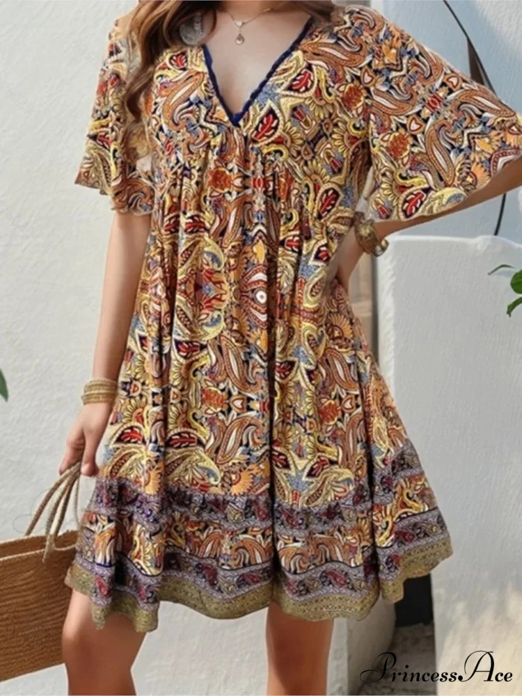 Bohemian Floral Mini Plunging Neckline Short Sleeve Beach Floral Dress - Image 4
