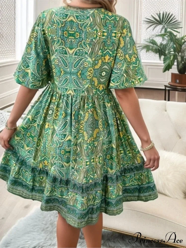 Bohemian Floral Mini Plunging Neckline Short Sleeve Beach Floral Dress - Image 5