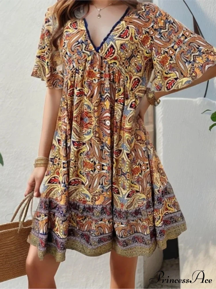 Bohemian Floral Mini Plunging Neckline Short Sleeve Beach Floral Dress - Image 6