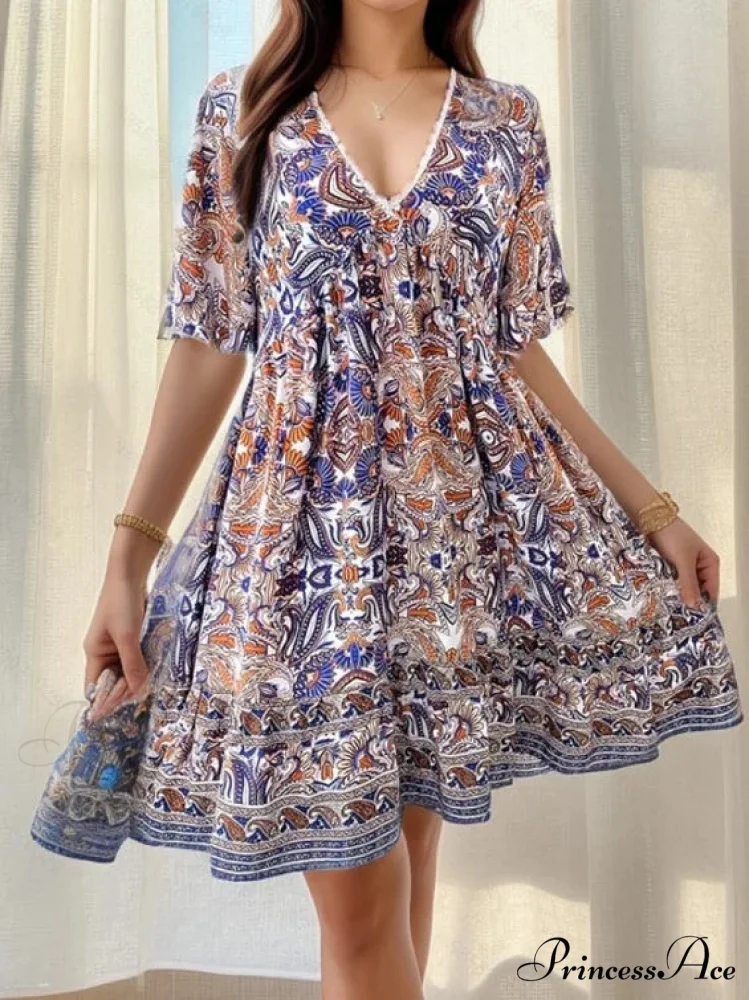 Bohemian Floral Mini Plunging Neckline Short Sleeve Beach Floral Dress - Image 8