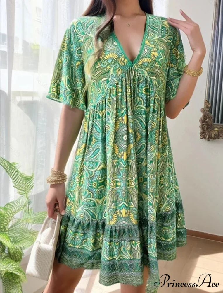 Bohemian Floral Mini Plunging Neckline Short Sleeve Beach Floral Dress - Image 9