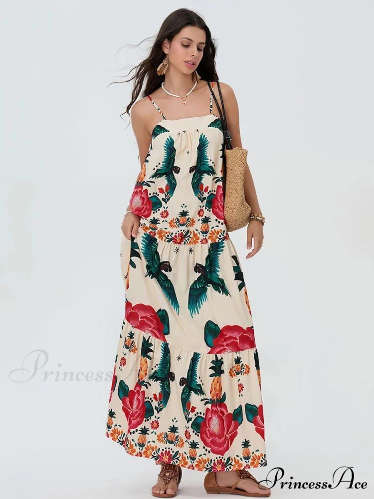 Bohemian Flowy Foliage Ruched A-Line Floral Dress - Image 2