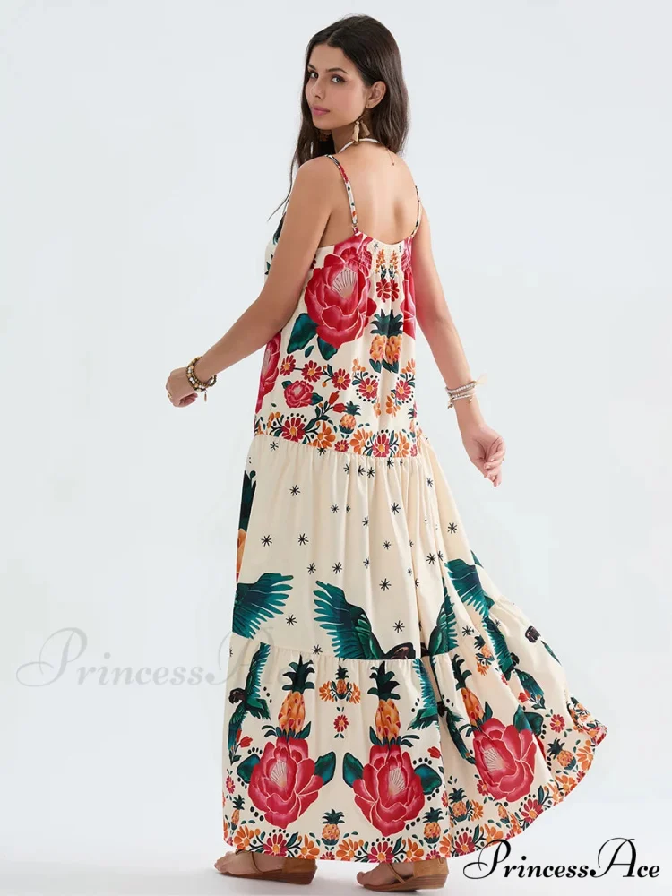 Bohemian Flowy Foliage Ruched A-Line Floral Dress - Image 3