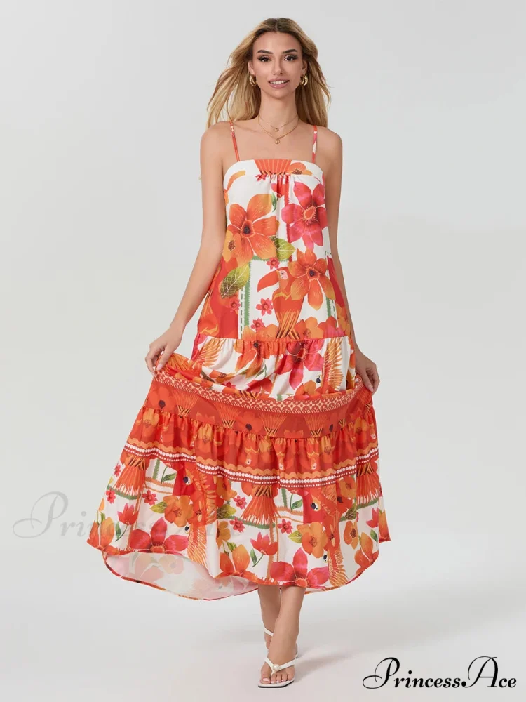 Bohemian Flowy Foliage Ruched A-Line Floral Dress - Image 4