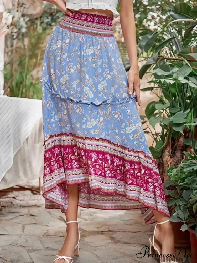 Bohemian High Waist Frilled Floral Maxi Skirt Rayon Beach Woman - Image 2