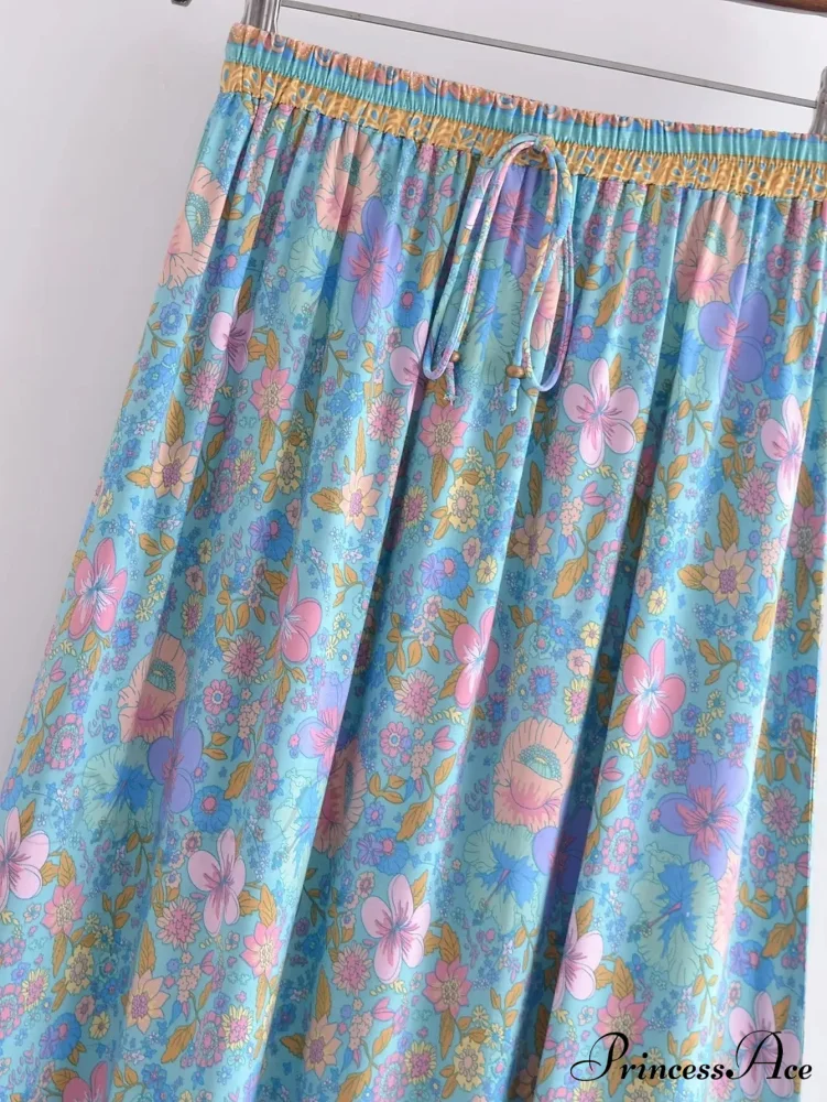 Bohemian High Waist Viscose Maxi Skirt A-line Frilled Floral Print - Image 2