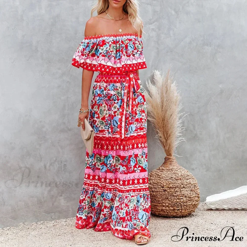 Bohemian Off-The-Shoulder Frilly Flower Pattern Long Floral Dress - Image 2