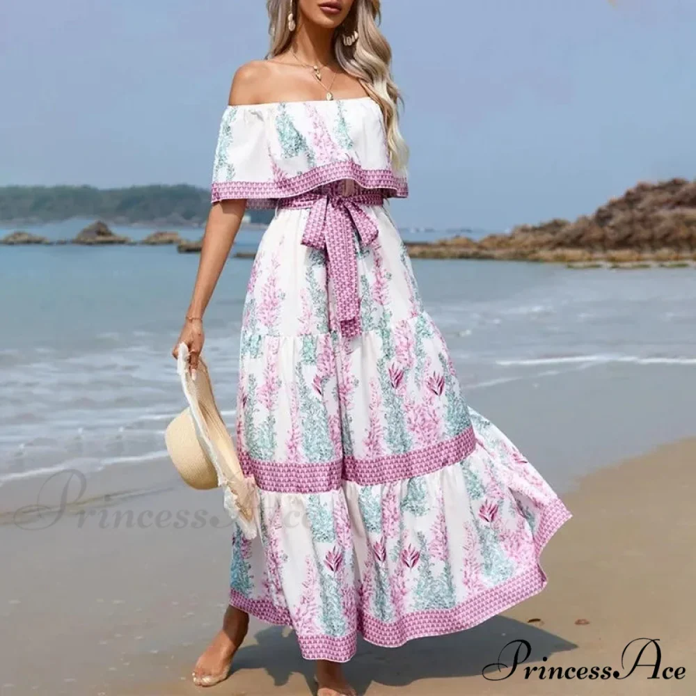 Bohemian Off-The-Shoulder Frilly Flower Pattern Long Floral Dress - Image 3