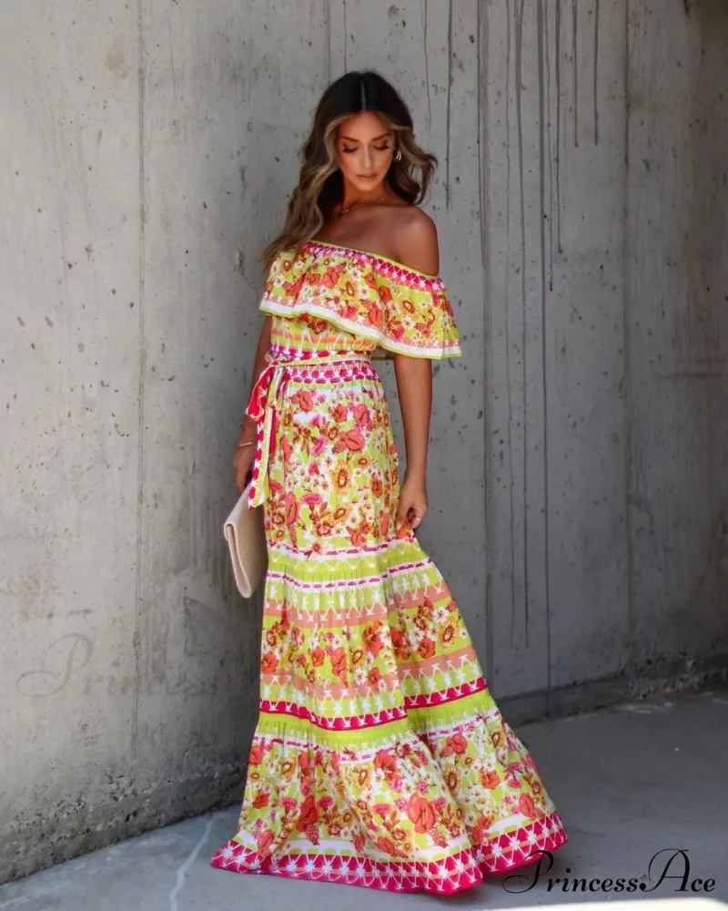 Bohemian Off-The-Shoulder Frilly Flower Pattern Long Floral Dress - Image 4