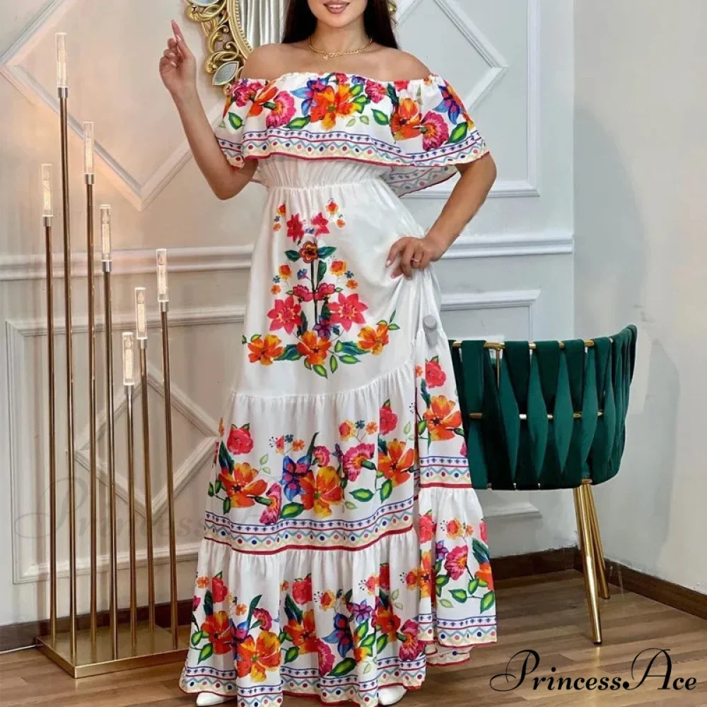 Bohemian Off-The-Shoulder Frilly Flower Pattern Long Floral Dress - Image 5