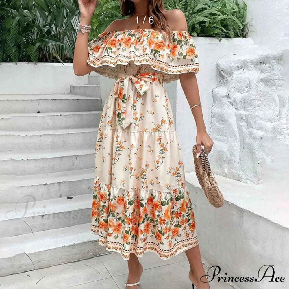 Bohemian Off-The-Shoulder Frilly Flower Pattern Long Floral Dress - Image 6