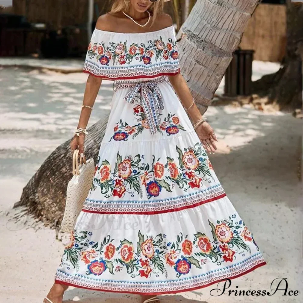 Bohemian Off-The-Shoulder Frilly Flower Pattern Long Floral Dress - Image 7