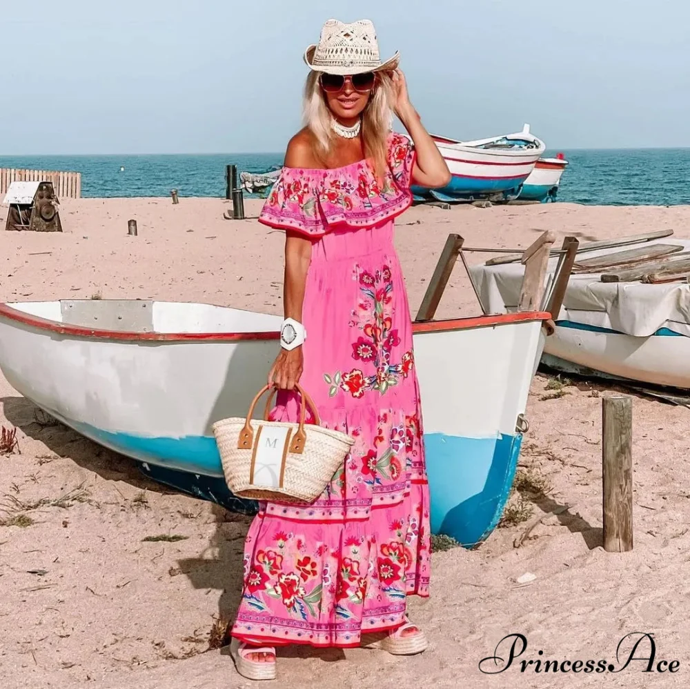 Bohemian Off-The-Shoulder Frilly Flower Pattern Long Floral Dress - Image 8