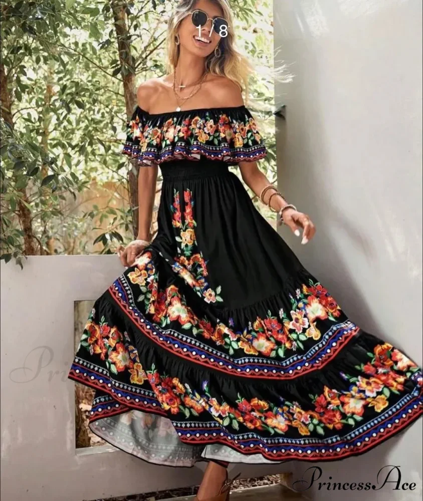 Bohemian Off-The-Shoulder Frilly Flower Pattern Long Floral Dress - Image 9