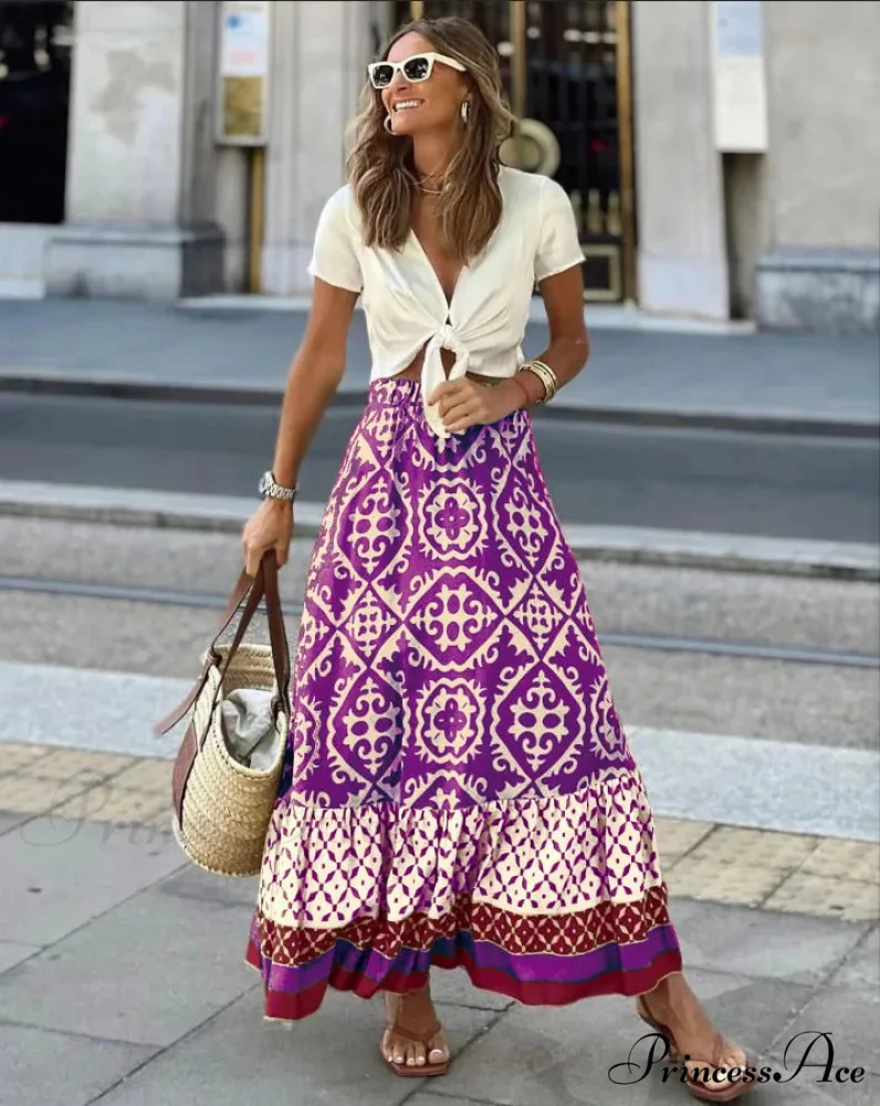 Bohemian Pattern High Waist Maxi Skirt Informal Baggy Summer Skirt - Image 3