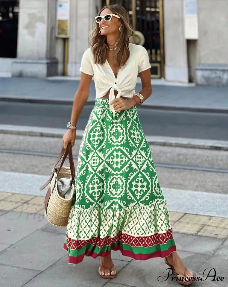 Bohemian Pattern High Waist Maxi Skirt Informal Baggy Summer Skirt - Image 8