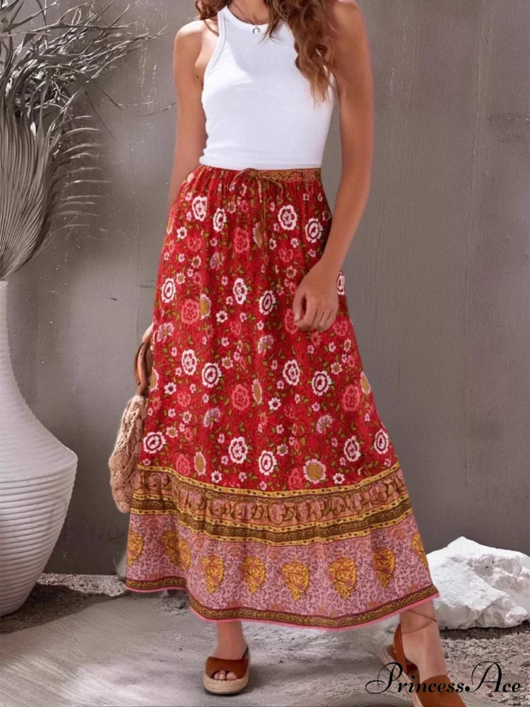 Bohemian Retro Flower Fringe Beach Bohemian High Waist Maxi Skirt - Image 2