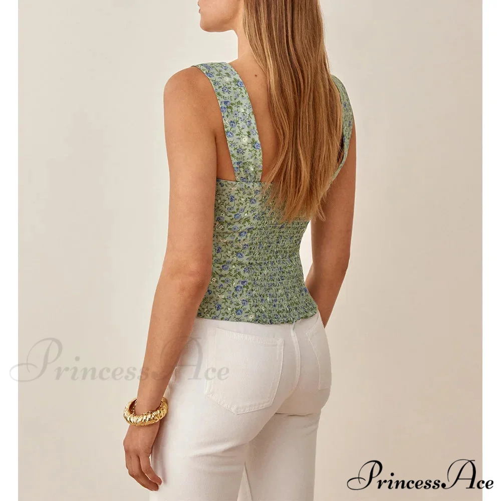 Bohemian Seaside Holiday Flowery Sweetheart Broad Strap Sleeveless Slim Cropped Top - Image 2