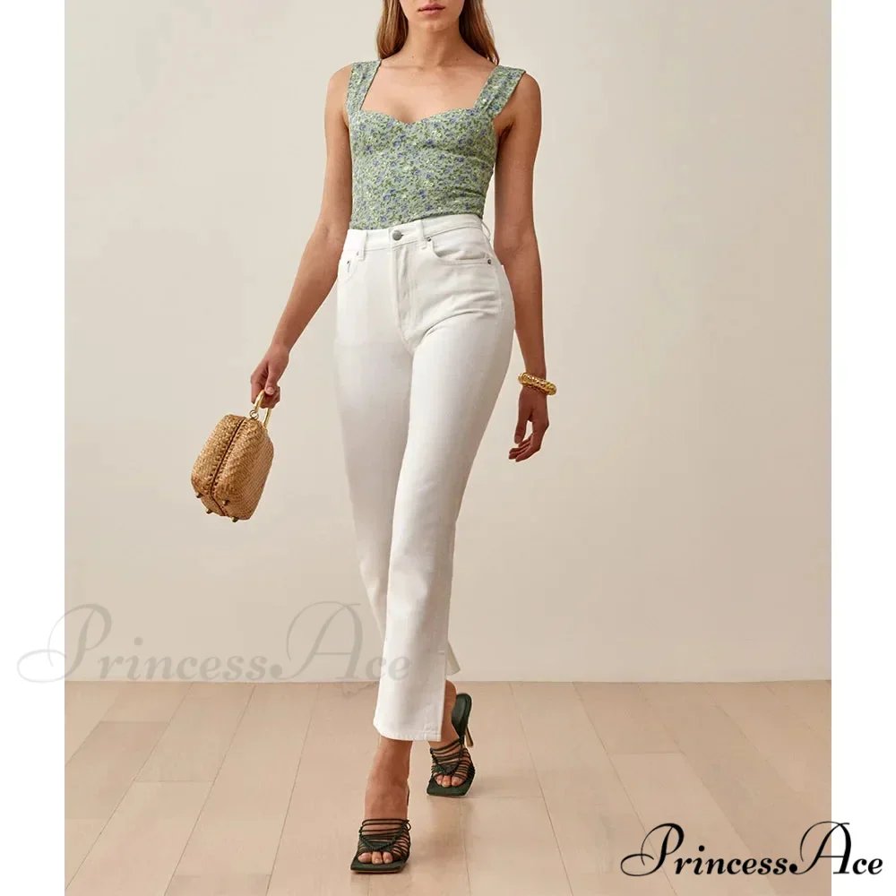 Bohemian Seaside Holiday Flowery Sweetheart Broad Strap Sleeveless Slim Cropped Top - Image 3