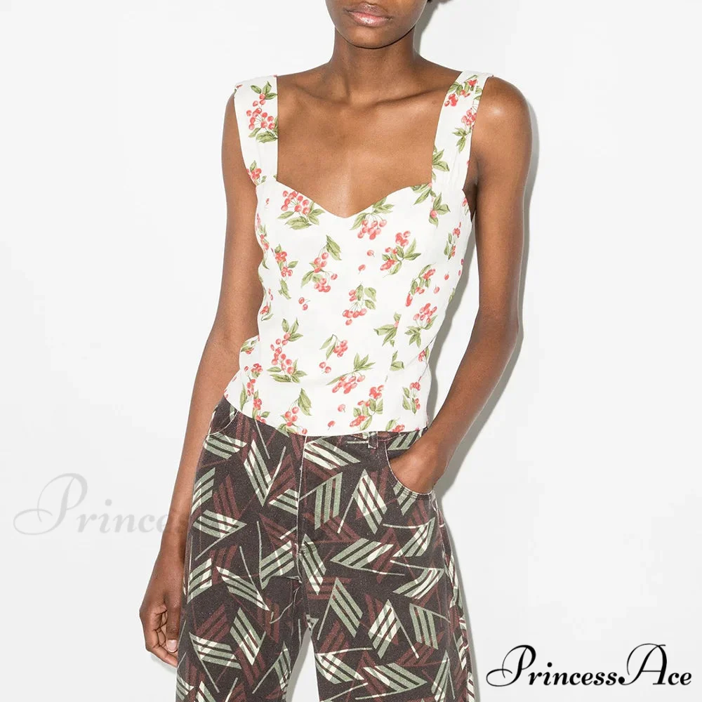 Bohemian Seaside Holiday Flowery Sweetheart Broad Strap Sleeveless Slim Cropped Top - Image 4