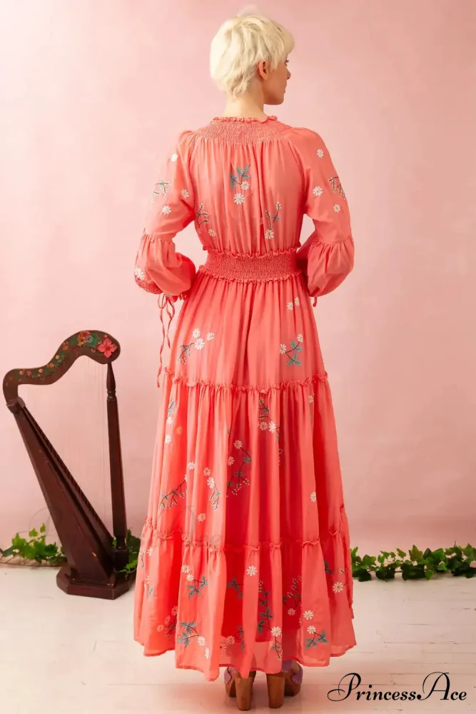 Bohemian Stitched Flower Plunging Neckline High Waisted Dress - Image 2